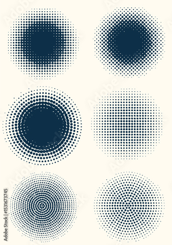 Minimilist illustration of six halftone circles with varying dot densities and arrangements on a light background vector