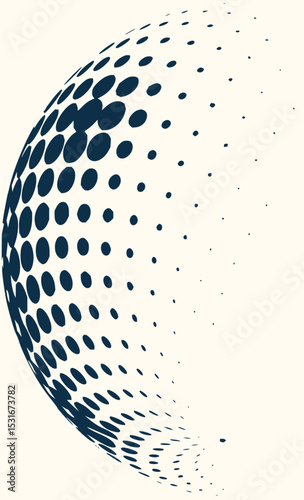 Minimilist navy blue halftone pattern on a white background creating a three dimensional spherical illusion effect vector