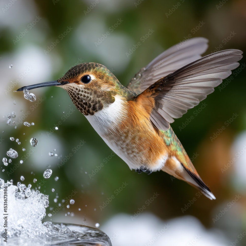 Fototapeta premium A hummingbird is flying over a glass of water