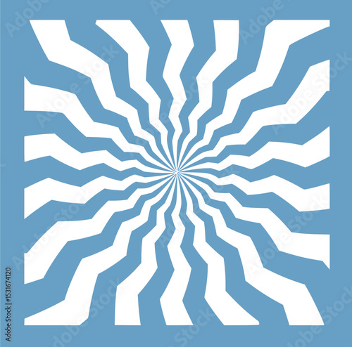 Minimilist abstract radial pattern featuring white zig zag lines emanating from a central point on a blue background vector