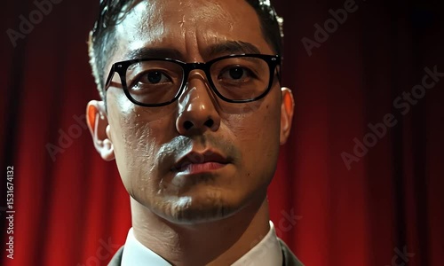 Intense Asian Man In Suit And Glasses Perspiring Against A Dark Red Velvet Curtain Backdrop Looking Serious And