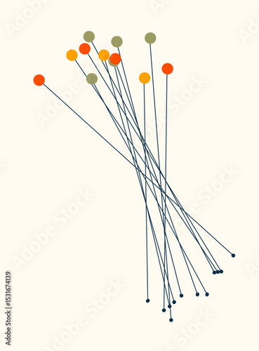 Minimilist abstract arrangement of lines connecting small dots to larger colored circles on a light background plane vector