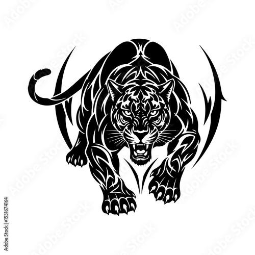 Crouching Panther: Tribal Style Black and White Illustration