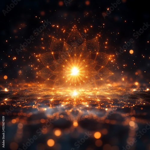 Abstract, radiant flower design, glowing center, ethereal energy