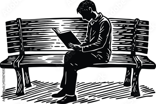 Silhouette Illustration of Man Reading Book on Bench, Woodcut Style Vector Art