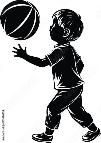 Silhouette of Boy Throwing Basketball in Classic Vintage Style Illustration