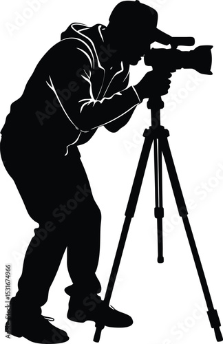 Silhouette of a Photographer with Tripod and Hoodie, Vector Illustration