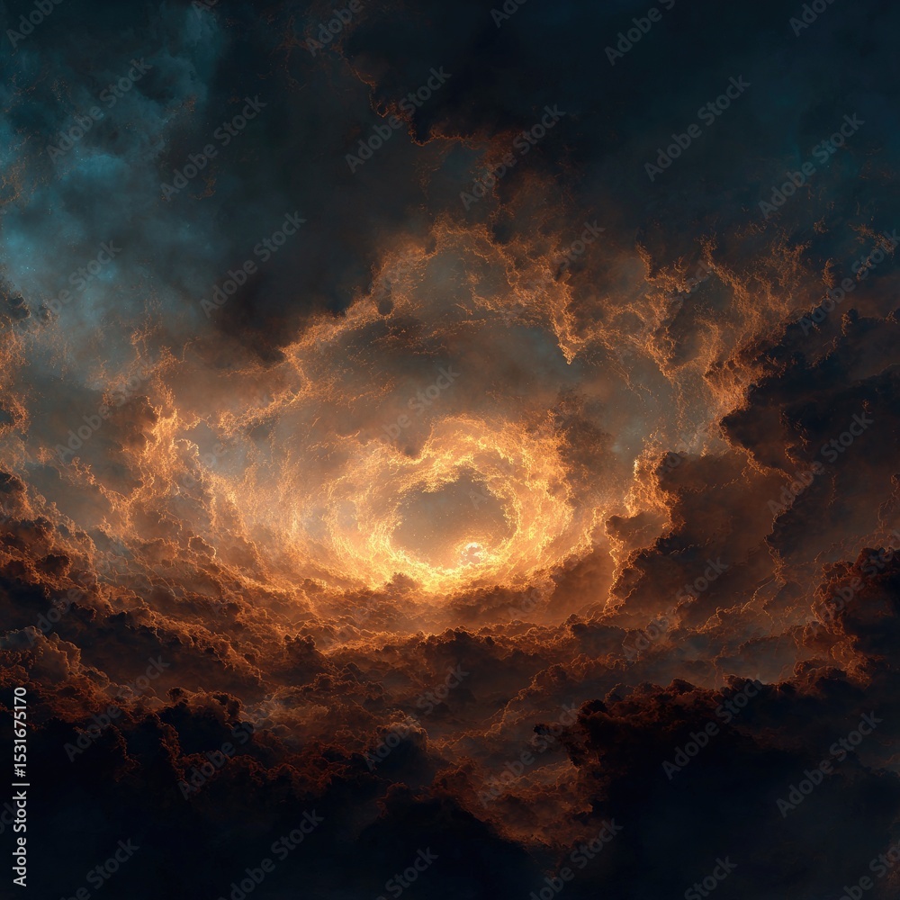 Fototapeta premium Dramatic clouds swirl around a fiery light source