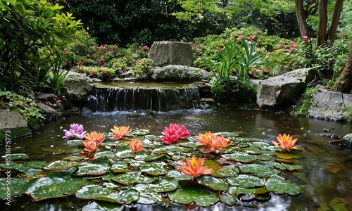 Serene Pond with Colorful Water Lilies Lush Greenery and a Tranquil Waterfall in a Botanical Garden