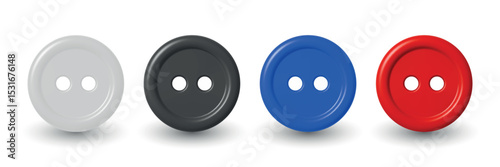 Vector 3d Realistic Glossy Button Set. Red Blue Black White Round Plastic Button Clipart for Sewing, Fashion. Vector Button Elements, Isolated Realistic Button Vector Illustration