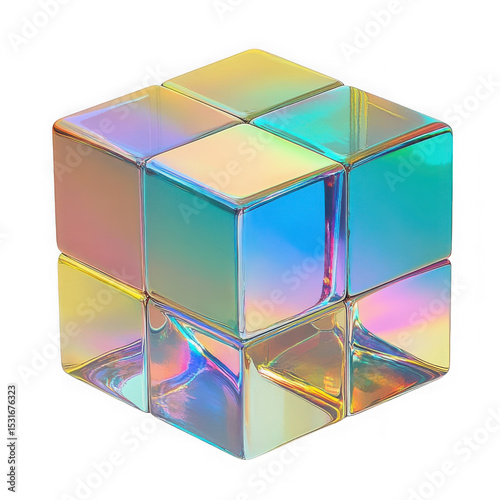 Iridescent glass cube puzzle isolated on transparent background
