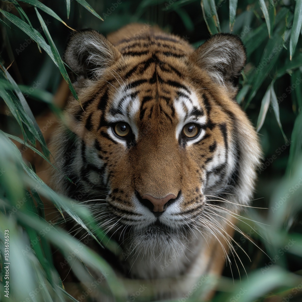 Fototapeta premium A tiger is staring at the camera in a lush green forest