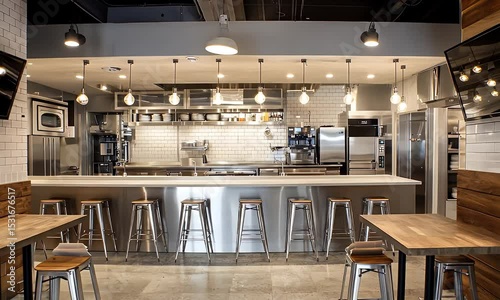 Restaurant Interior Featuring Stainless Steel Bar Wooden Tables and Brick Accents Under Bright Lighting Modern Clean