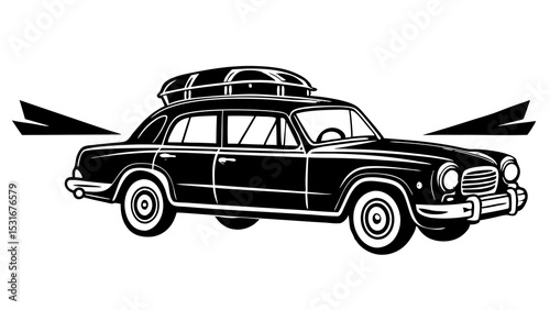 Classic black car with luggage rack in vintage style illustration