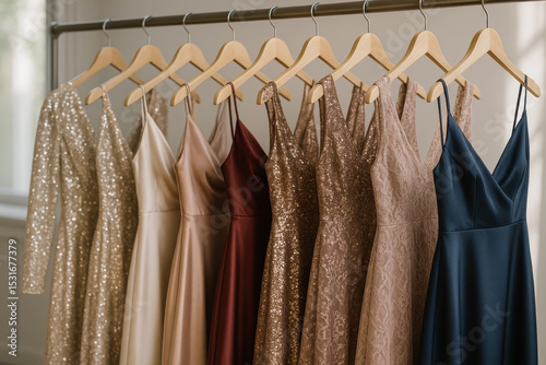 Elegant satin sequin and lace evening dresses hanging on wooden hangers arranged neatly in sunlit fashion studio interior