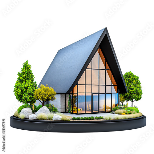 Modern A Frame House with Stone Exterior and Landscaped Yard