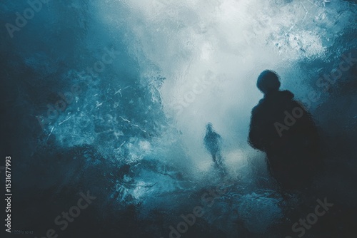 Silhouetted figures in mysterious blue misty landscape