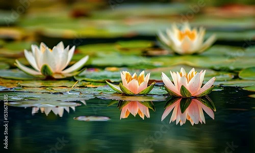 White Water Lilies Floating Peacefully on a Pond with Lush Green Leaves and Reflections in Tranquil Water
