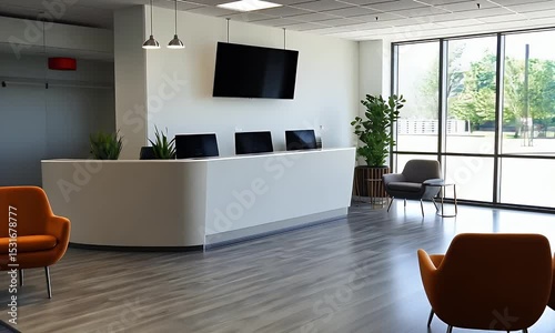 Bright Modern Office Lobby with Orange Chairs White Reception Desk and Large Windows Offering Ample Natural Light