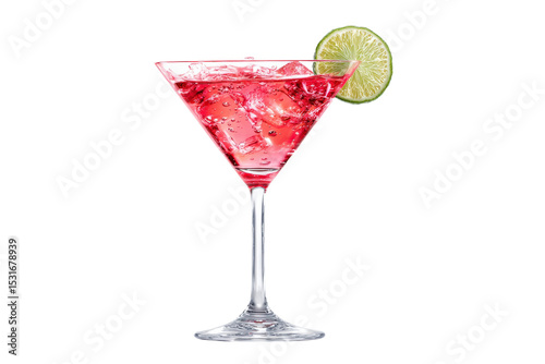 A martini glass with a lime wedge on top of it