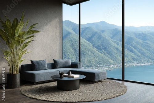 Modern living room with mountain and lake views