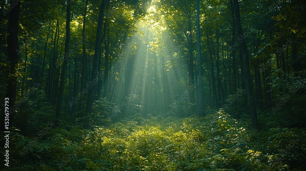 Obraz premium Sunlight streams through dense forest