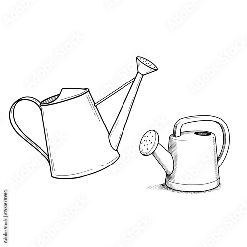 Two watering cans in minimalist sketch style on white background  