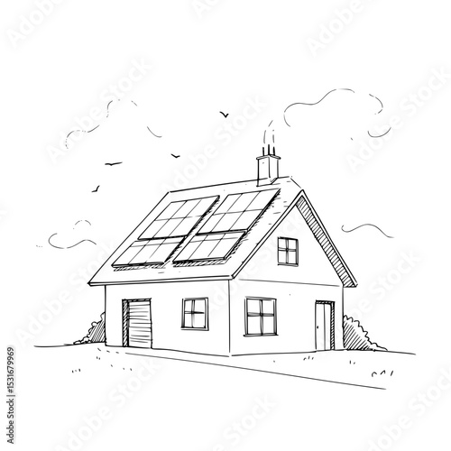 Energy-efficient house exterior with solar panels in minimal style  