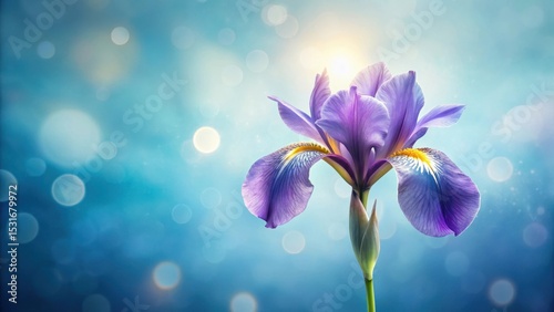 A Single Delicate Purple Iris Blossom Against a Soft Blue Bokeh Background