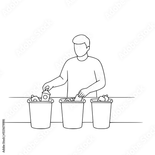Man sorting recycling in kitchen while organizing waste materials  
