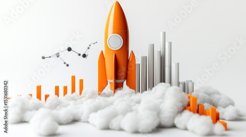 Orange rocket launching through clouds of success, surrounded by graphs and charts.