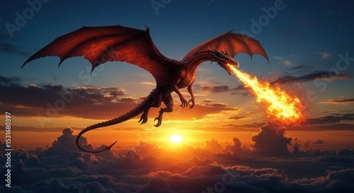 Mythical dragon breathing fire against a sunset sky  