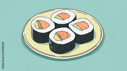 Four salmon sushi rolls on a yellow plate. Illustration of a delicious Japanese dish..