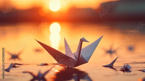 Origami swan floats on water at sunset.