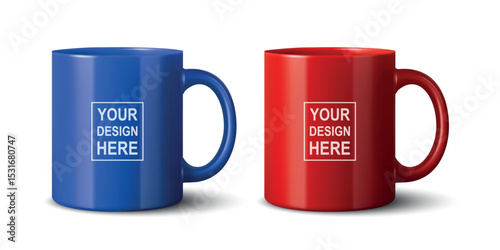 Vector 3d Realistic Coffee Mug Set for Branding and Mockup. Blue and Red Blank Ceramic Mugs Collection for Logo Design. Realistic Coffee Mug for Branding, Presentations