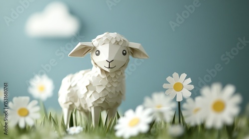 Cute origami lamb in a spring meadow with daisies.