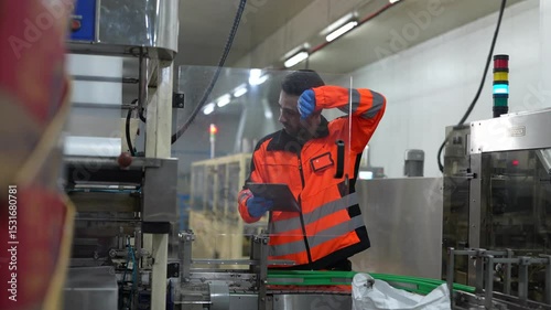Industrial worker wearing safety uniform using a tablet to inspect and monitor automated production line in a modern food or manufacturing facility.