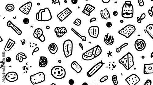 Seamless pattern with hand-drawn food and kitchen utensils.