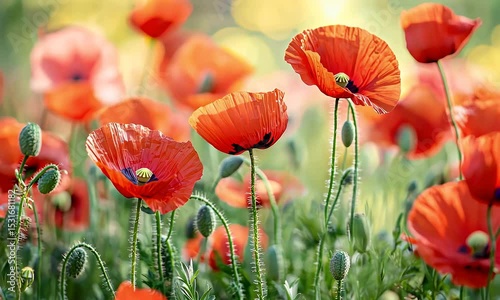 Vibrant Red Poppy Flowers in a Sunny Field with Soft Bokeh Background Close Up