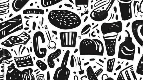 Seamless pattern of various food and drink items, hand drawn style, black and white.