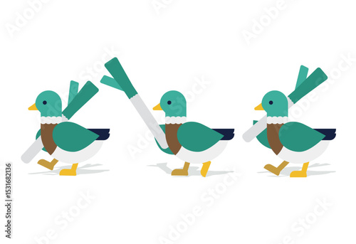 ネギを背負って歩くカモのユーモラスなイラスト