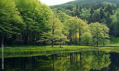 Green Forest Landscape with Reflections in Calm Lake Waters Under Natural Daylight