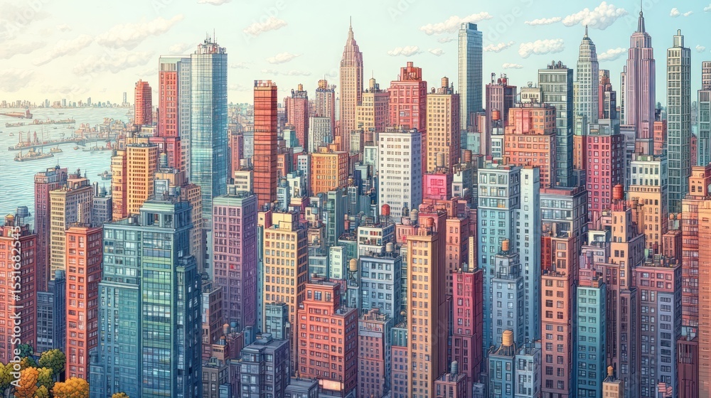 Obraz premium a sprawling cityscape painting captures the essence of urban ambition with its meticulously rendered architecture and vibrant color palette evoking a sense of dynamic city life