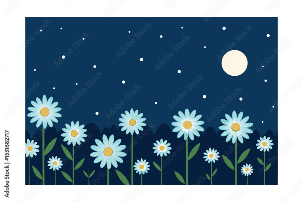 Fototapeta premium Serene Night Garden Moonlit Daisies Under Starry Sky