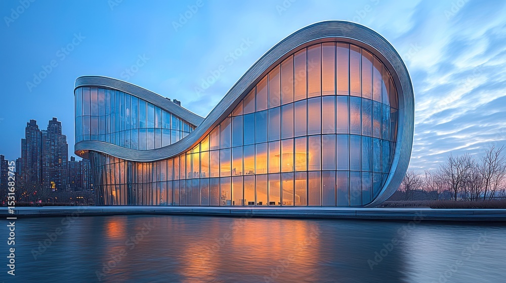 Fototapeta premium Modern architectural building by water at dawn