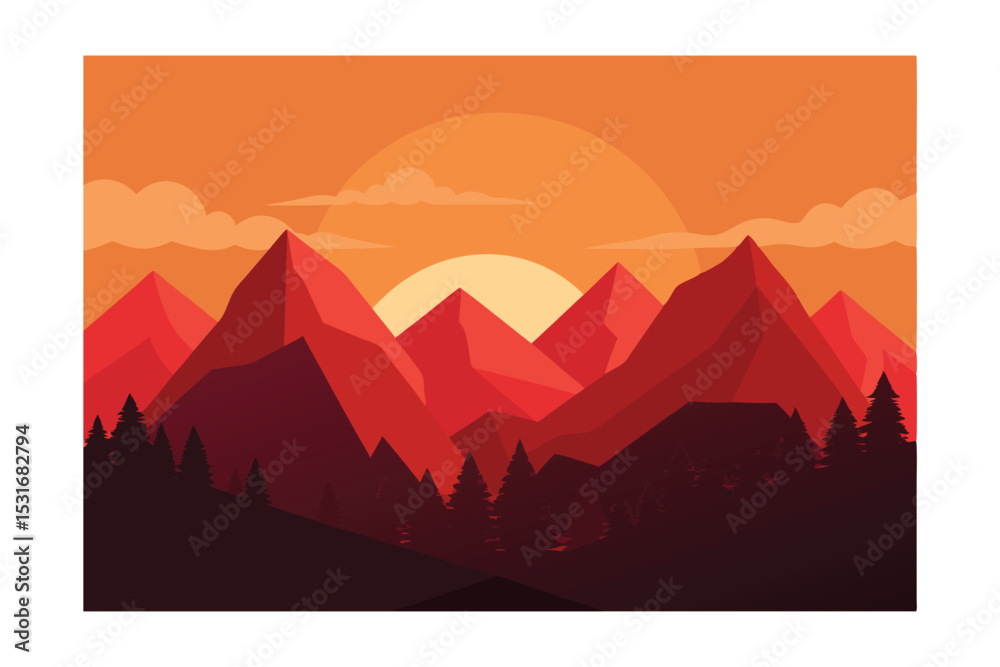 Naklejka premium Majestic Sunset Mountain Landscape A Fiery Panorama of Peaks and Pines