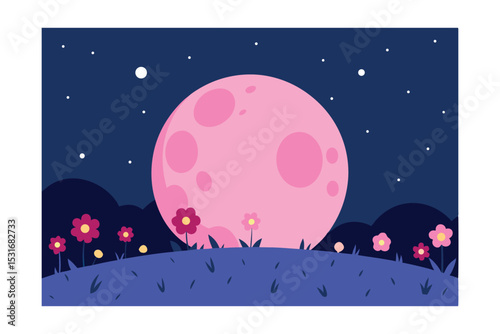 Pink Moonlit Night Serene Floral Landscape under a Giant Pink Moon