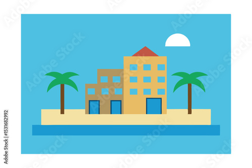 Tropical Beachfront Resort Island Paradise Buildings and Palms