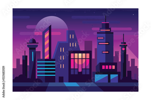 Neon Metropolis: An illustration of a futuristic cityscape glowing under a vibrant purple sky, where towering skyscrapers and modern architecture create an inviting futuristic urban dream.