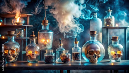 An Ethereal Laboratory Scene Featuring Glass Vessels, Illuminated Skulls, and Mystical Smoke